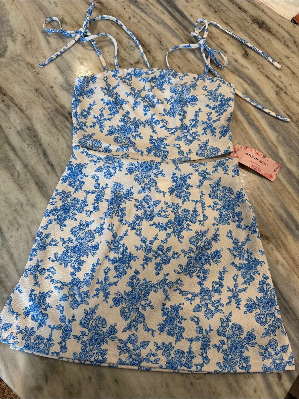 SHEIN White 2pc Top & skirt with Blue Floral Print and Tie Shoulders Sz M